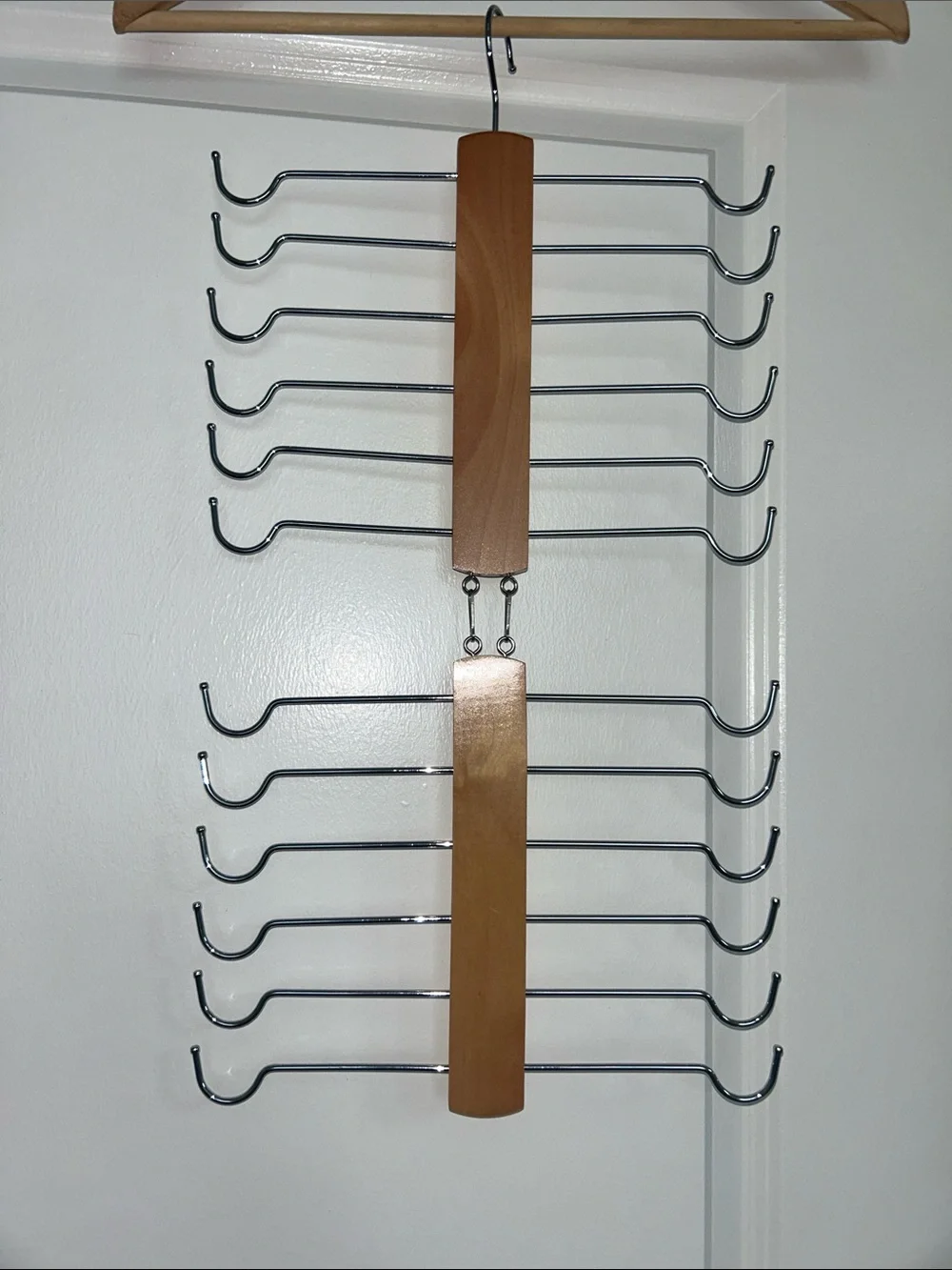 Multi-Tier Wooden and Chrome Scarf or Belt Organizer - Natural Wood
